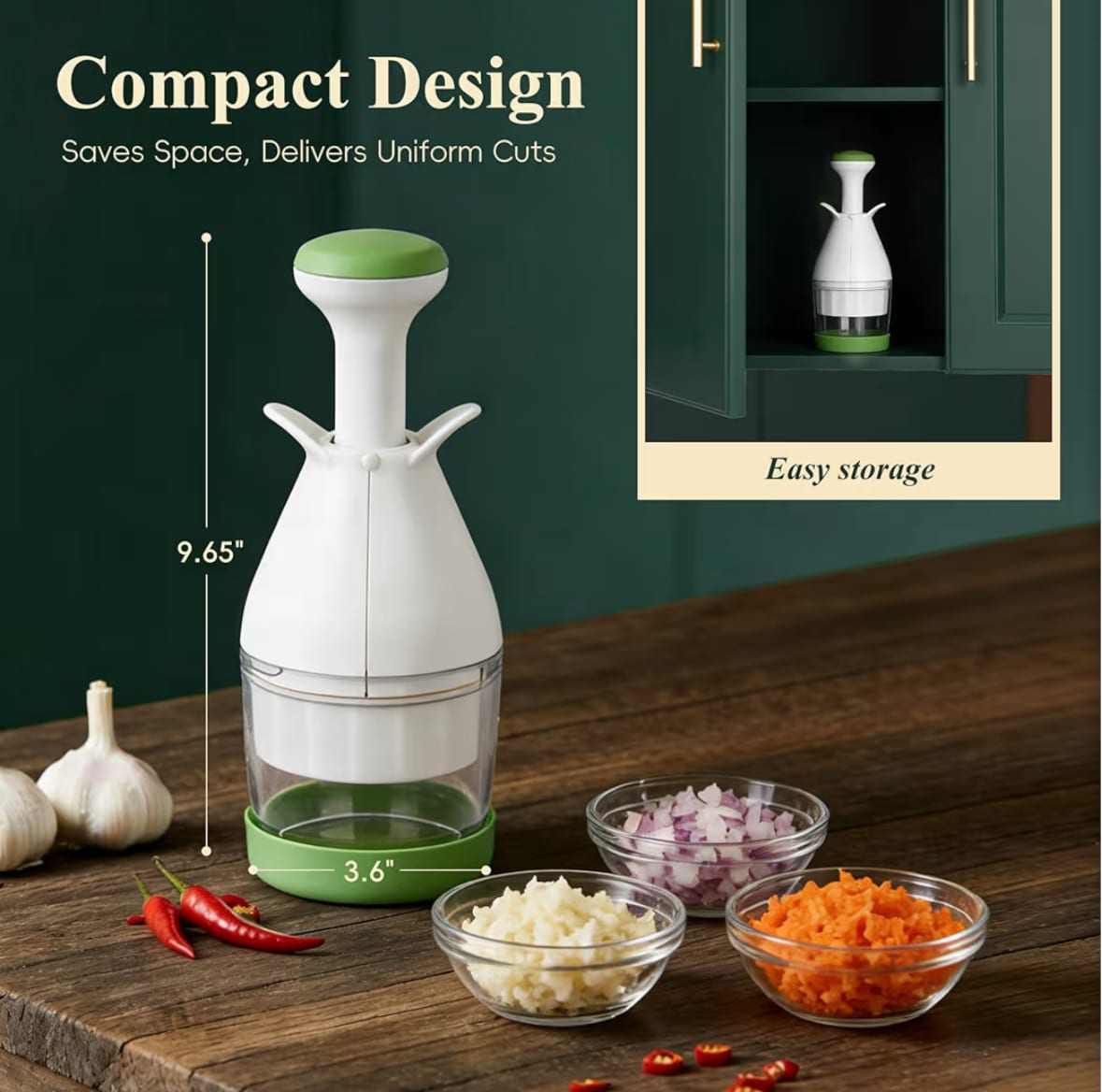Compact Vegetable hand food Chopper with Easy Cleanup - Green & White