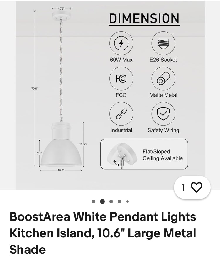 BoostArea White Pendant Light - 10.6" Large Metal Shade