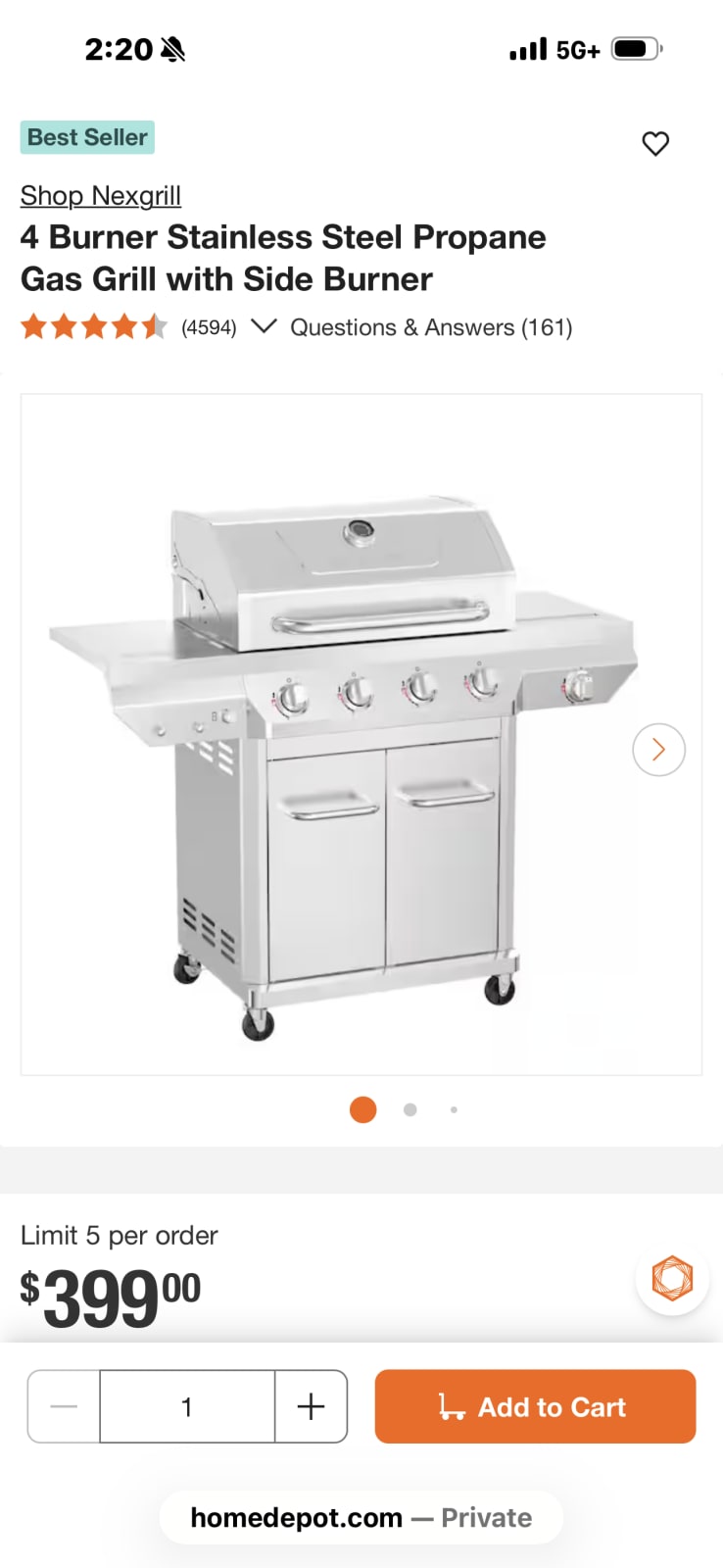 Nexgrill 4 Burner Stainless Steel Propane Gas Grill with Side Burner