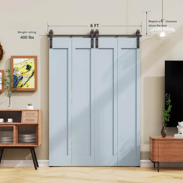 6 ft./72 in. Black Double Bi-Fold Sliding Barn Door Track and Hardware Kit with J-Shape Hanger for Four Doors