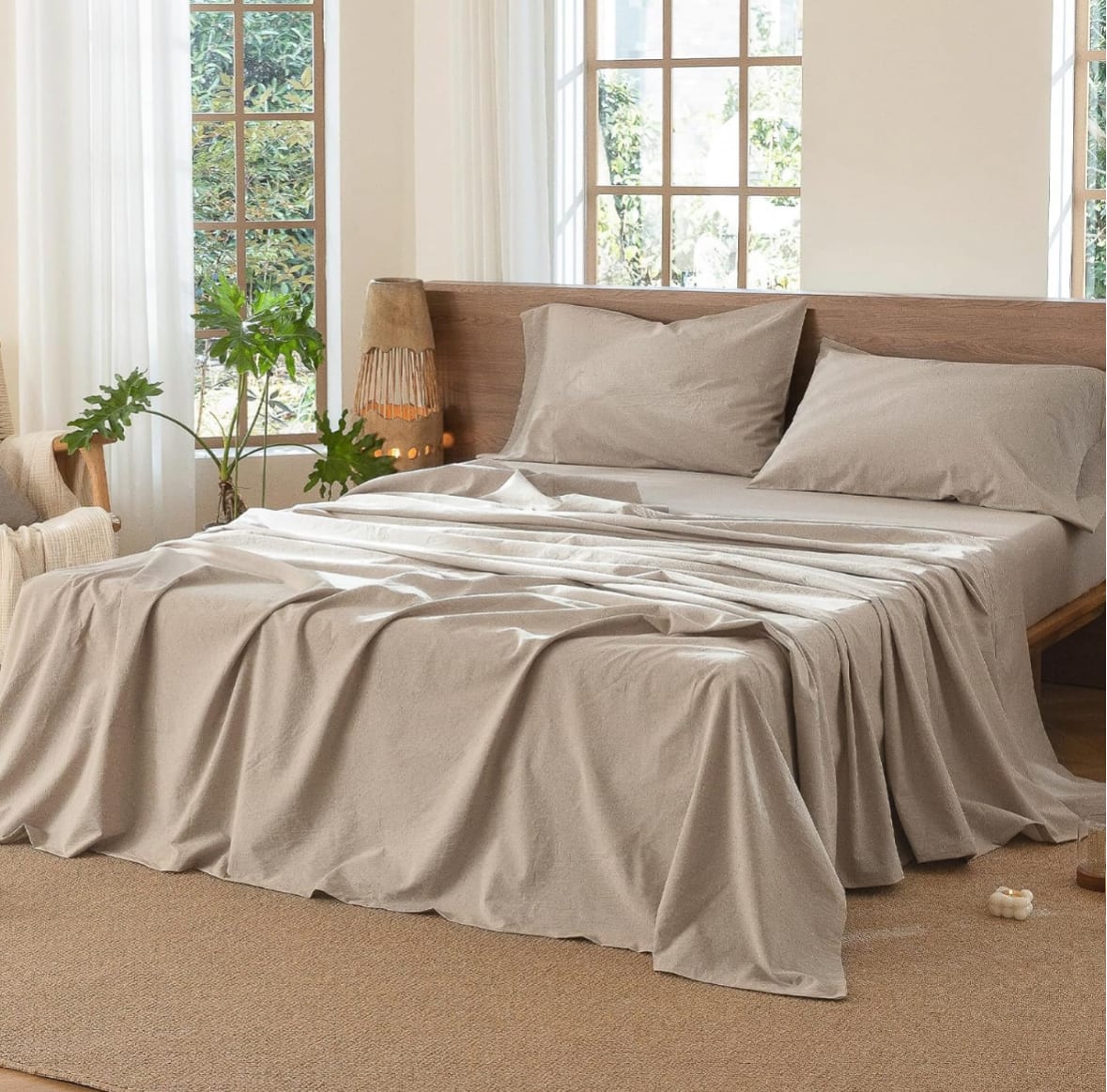 MOOMEE Flat Sheet and 2 pillow cases  100% Washed Cotton Linen-Like Queen Relaxed Linen-like Texture. Soft, Breathable & Long-lasting Comfor
