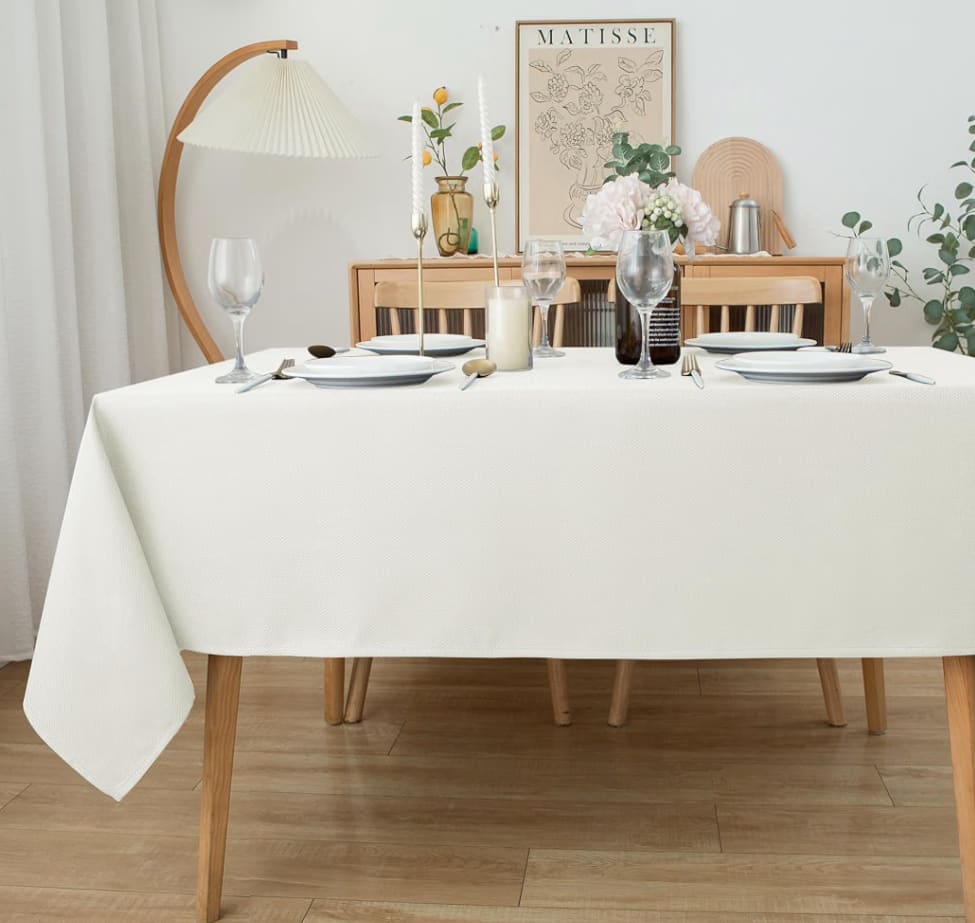 Large Textured Fabric Tablecloths132 Inches Rectangular, Ivory Water Resistant Tablecloths for Dining, Kitchen, Wedding, Parties etc. Machin