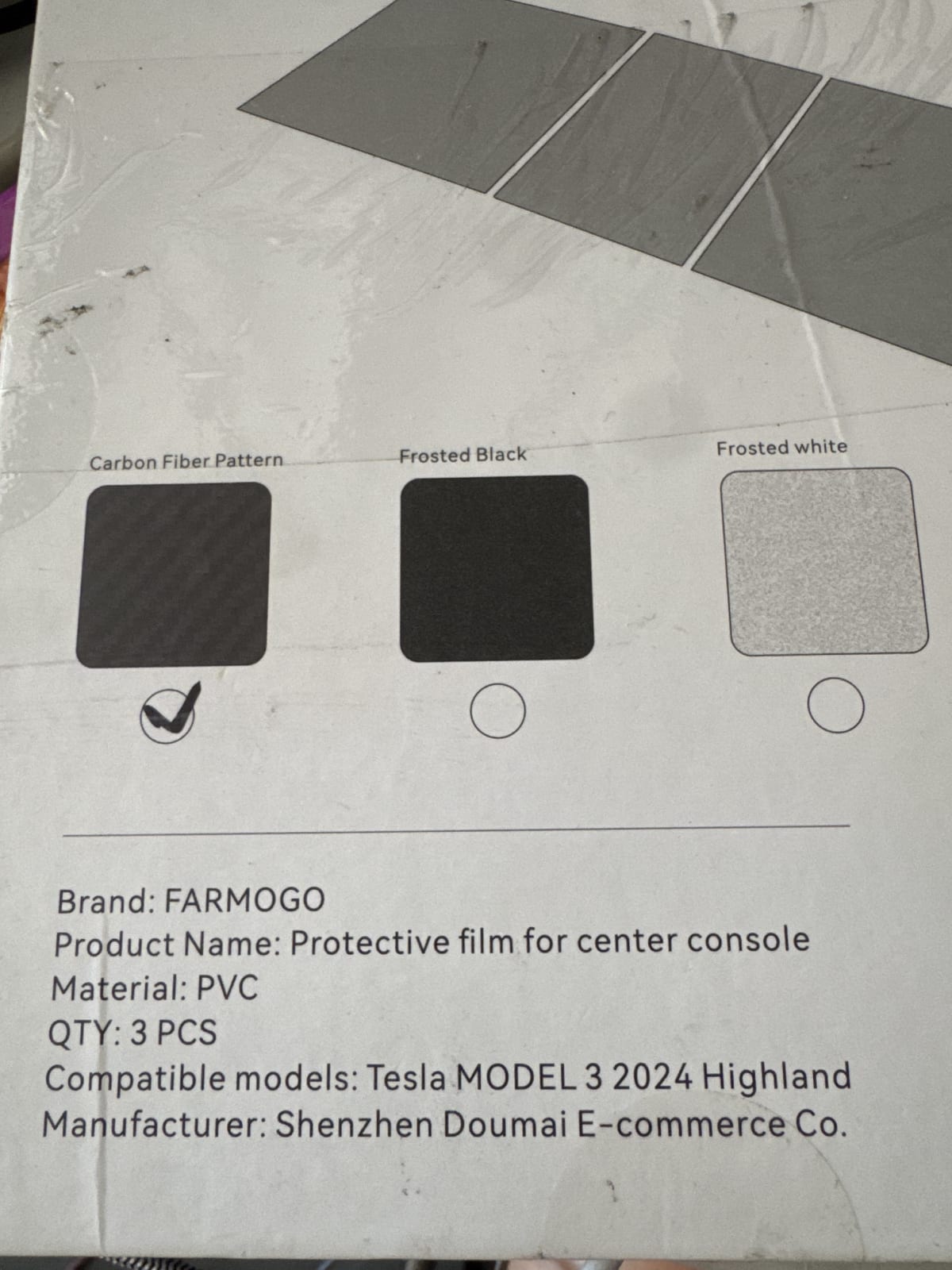 FARMOGO Tesla Model 3 Highland 2024 Center Console Protective Film Kit – Carbon Fiber Pattern (3-Piece)