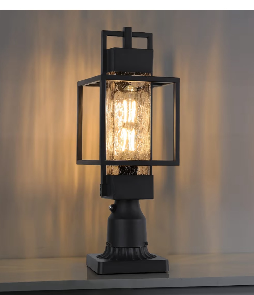 18" H Dusk to Dawn Outdoor Post Light Fixture Hardwired 120V, Waterproof Aluminum Pole Light with Pier Mount Base, Matte Black Exterior Lamp
