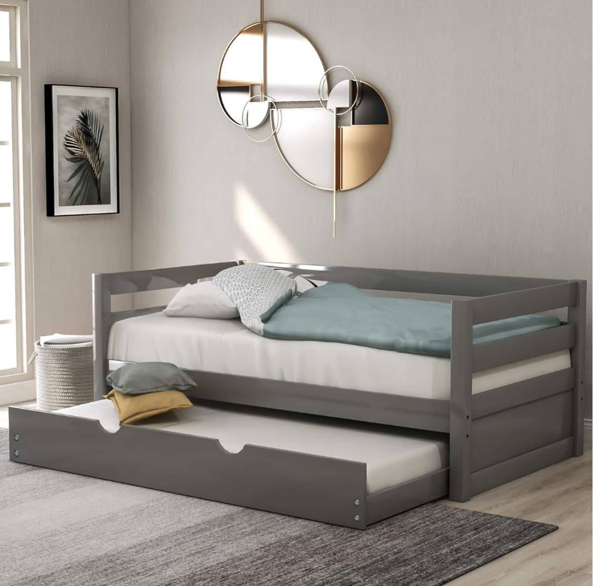 Solid Wood Frame Twin Daybed with Pull Out Trundle, Captains Bed Twin Bed Frame for Kids (Grey)