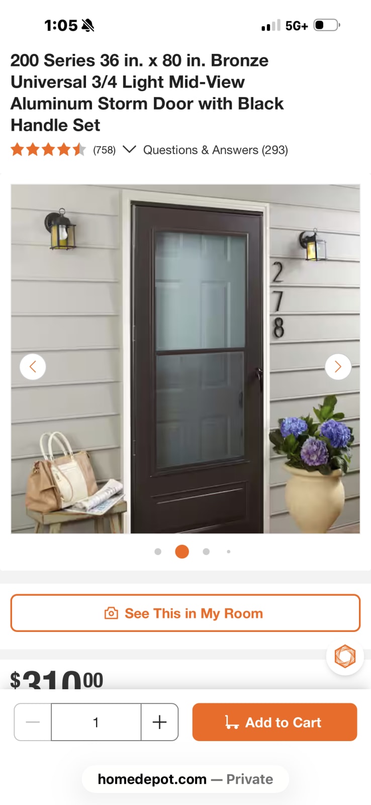 Andersen 200 Series 36 in. x 80 in. Bronze Aluminum Storm Door