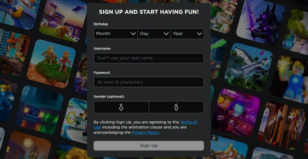 Tampilan menu pendaftaran atau Sign Up di Roblox