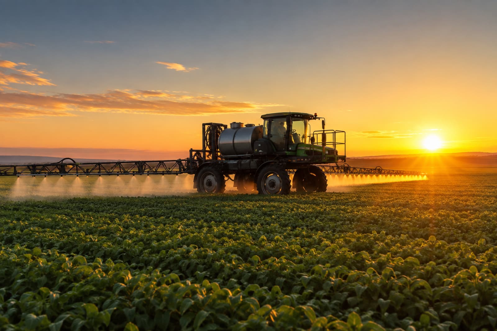 Crop sprayer at sunset