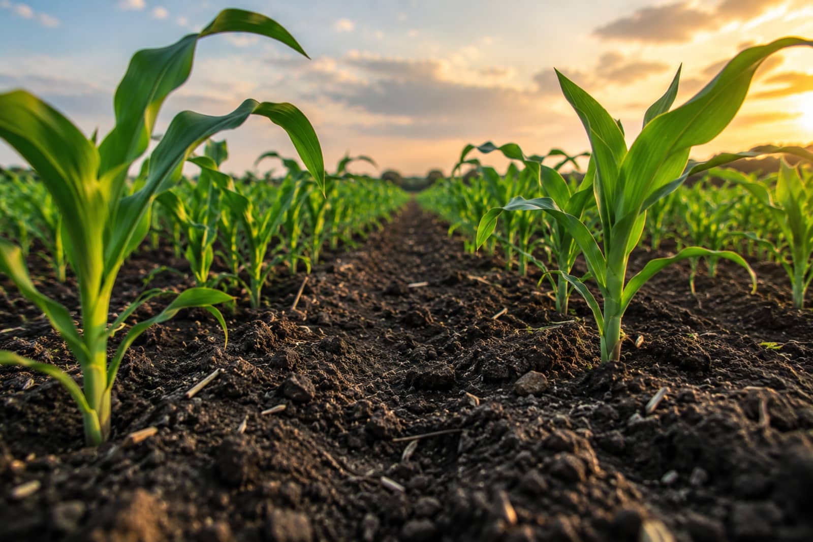 Maize seedlings at sunset