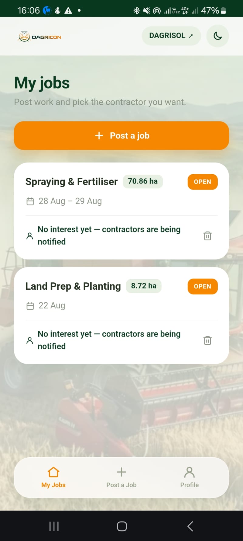 Farmer's My jobs view