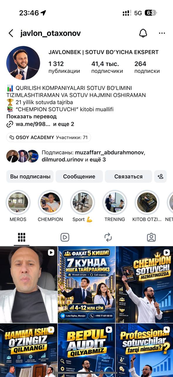 Javlon Otaxonov Instagram skrinshoti