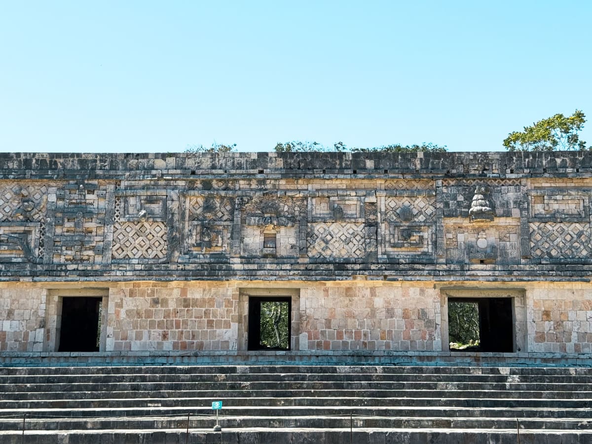 Puuc-style stone mosaic frieze with lattice panels on a building of the Nunnery Quadrangle at Uxmal