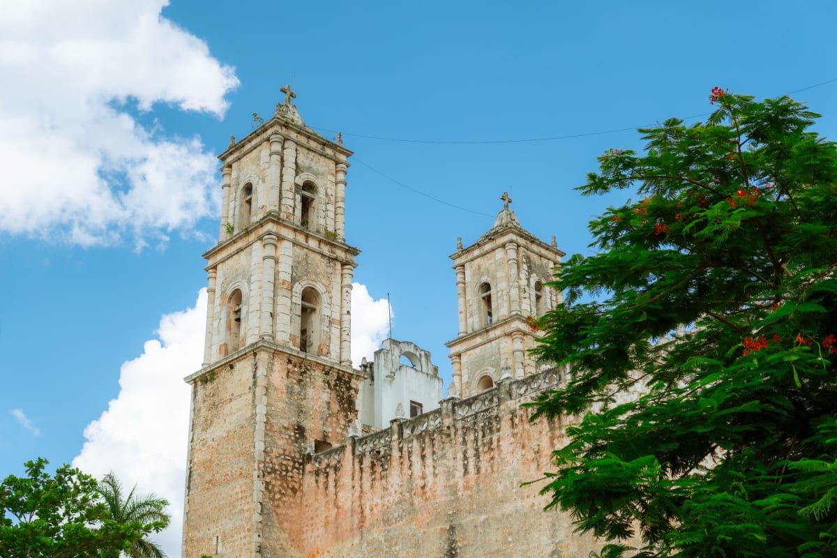 Stone towers of the cathedral of San Gervasio in Valladolid, Yucatan, a stop on the road to Merida
