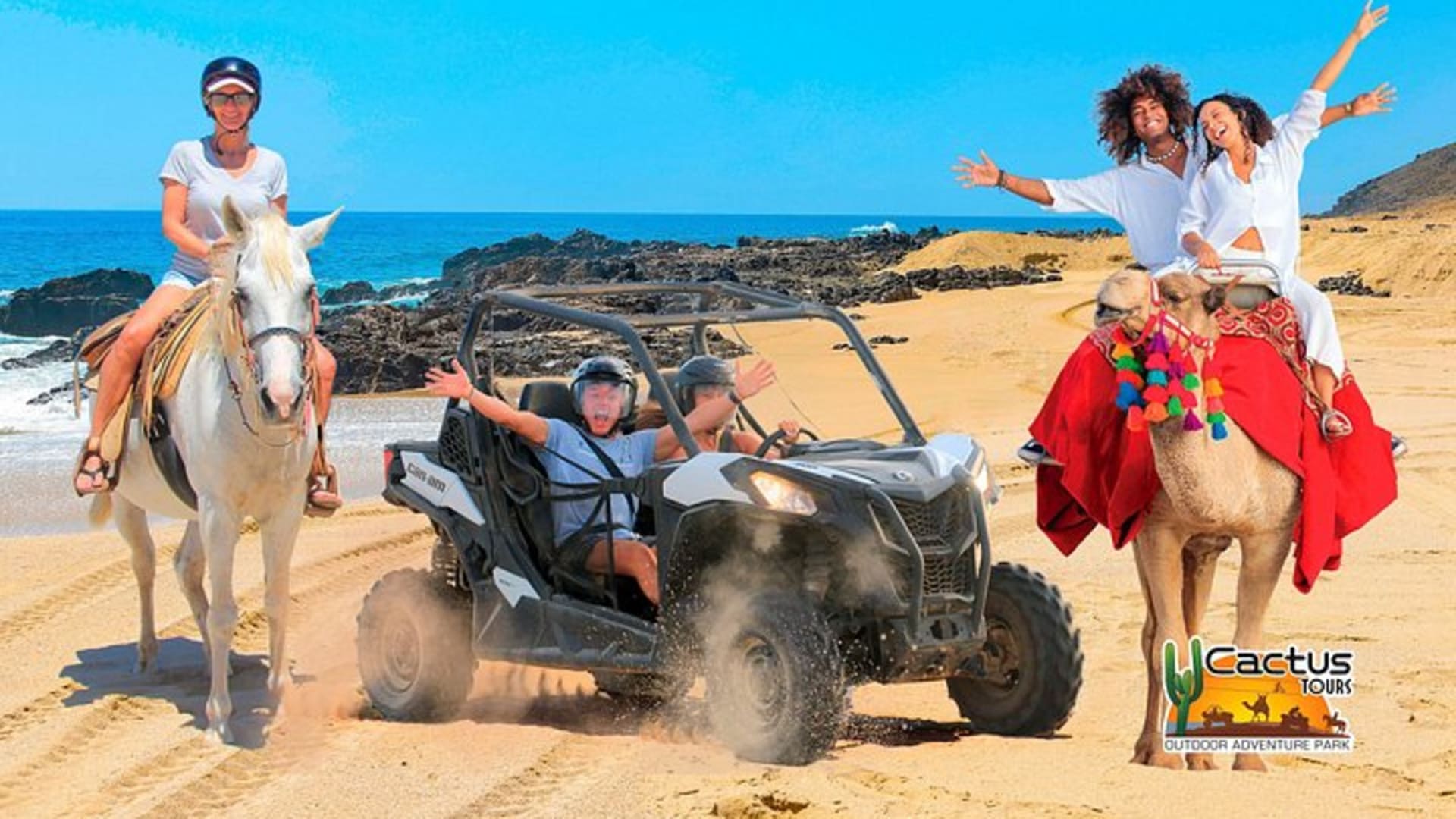 Aventure en UTV sur la plage avec balade gratuite à dos de chameau et à cheval