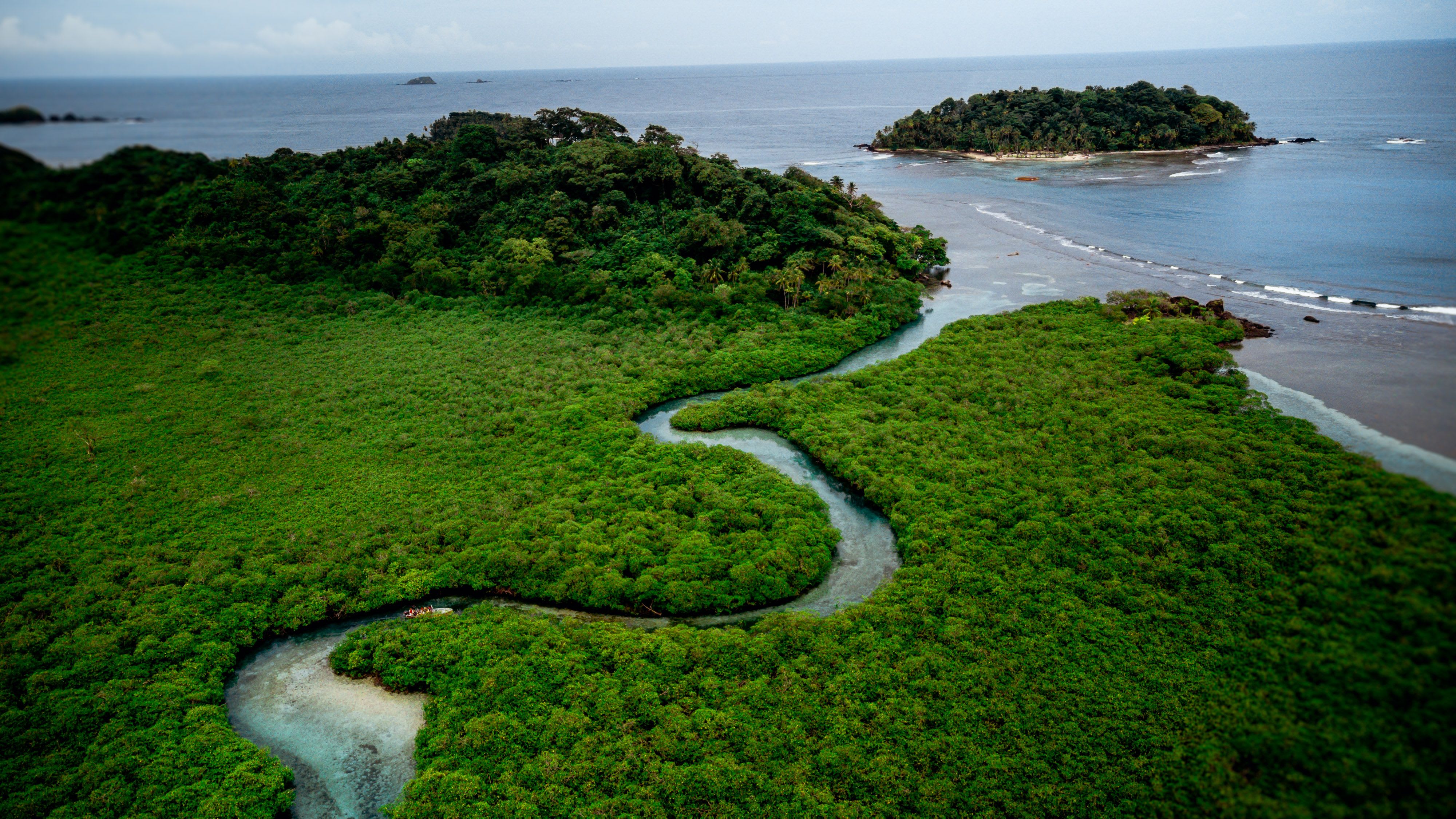 Aerial view of Sian Ka'an biosphere reserve with turquoise lagoons and mangrove forest