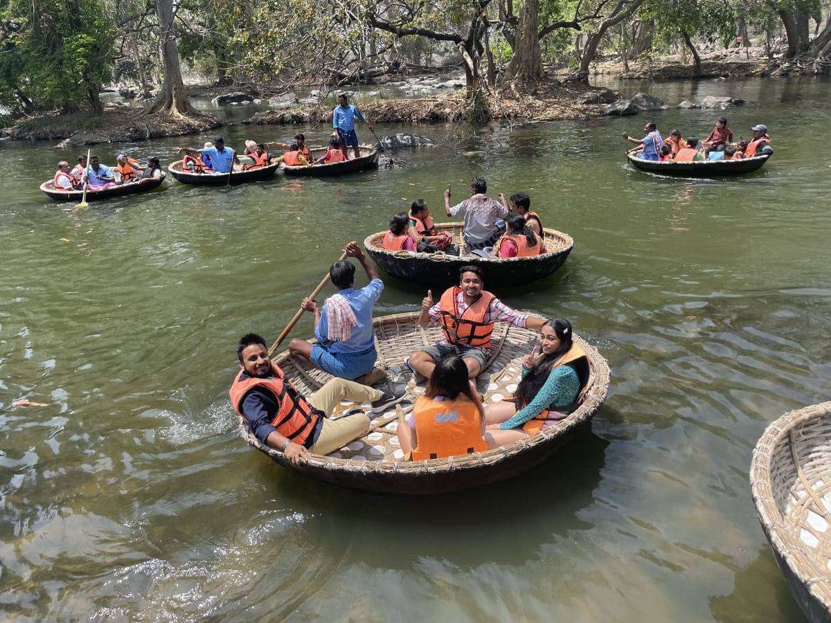 Round coracle boats carrying visitors on the calm green water of the Kaveri at Hogenakkal