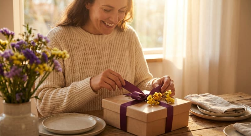 Idées cadeaux fête des mères disposées sur une table : bijou gravé, coffret bien-être, fleurs séchées et carte manuscrite.