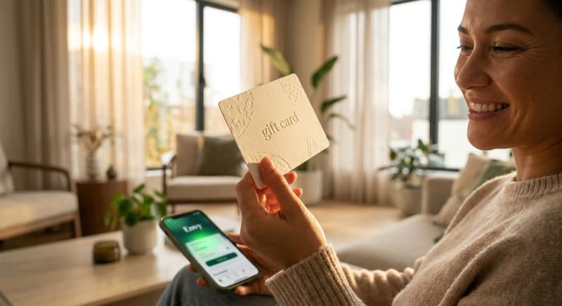 Carte cadeau Zara physique et digitale posées sur une surface neutre, illustrant les deux formats disponibles à l'achat.