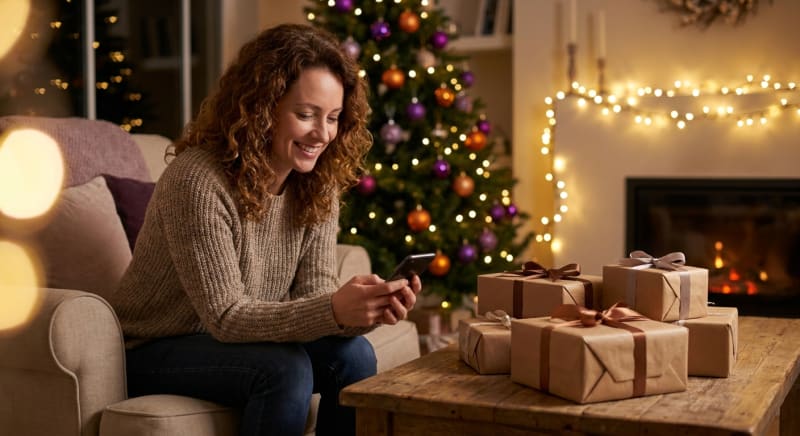 Homme ouvrant un cadeau de Noël entouré de paquets, illustrant le guide pour choisir le cadeau homme Noël parfait.