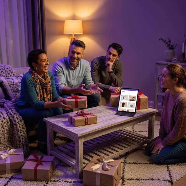 Smartphone affichant une liste de mes envies cadeaux partagée en ligne, avec plusieurs articles de différents sites et une option de réservation discrète.