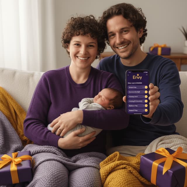 Sélection de cadeaux bébé naissant : langes, gigoteuse, cape de bain et album souvenir posés sur un fond naturel.