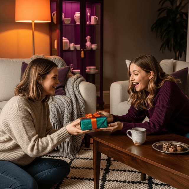 Idées de cadeau pour sa sœur présentées sur une table : bijou, bougie artisanale, coffret soin et carte manuscrite.
