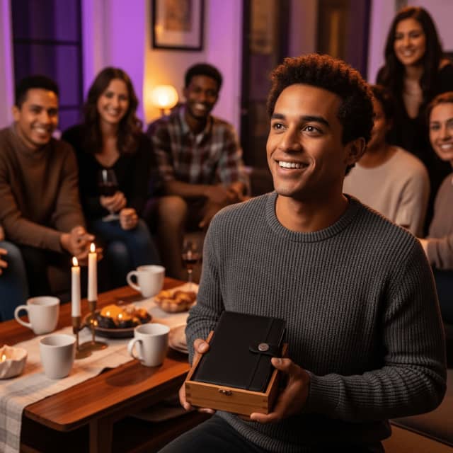 Assortiment de cadeaux pour jeune papa disposés sur une table en bois : carnet de souvenirs, bracelet gravé, café premium et porte-bébé physiologique.