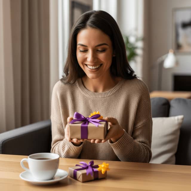 Sélection de petits cadeaux pour femme disposés sur une surface claire : bougie parfumée, carnet, soin pour les mains et gourmandise artisanale.