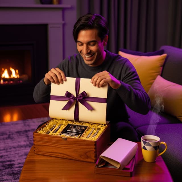 Sélection d'idées cadeaux pour futur papa — sac à langer sobre, carnet de souvenirs et kit maternité posés sur une table en bois.