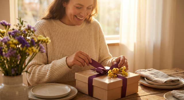Idées cadeaux fête des mères disposées sur une table : bijou gravé, coffret bien-être, fleurs séchées et carte manuscrite.