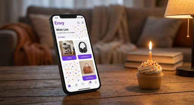Illustration d'un anniversaire gratuit avec décoration maison, liste d'envies sur smartphone et invitations numériques partagées.