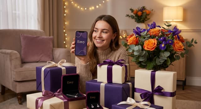 Idées cadeau Saint-Valentin pour femme : bouquet élégant, bijou gravé et coffret soin disposés sur une table en bois.