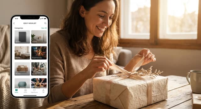 Coffret cadeau femme ouvert avec des produits de soin et de détente, posé sur une table en bois.