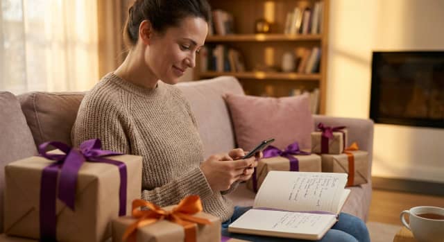 Personne réfléchissant à une idée cadeau entourée de paquets emballés et d'une liste d'envies sur smartphone.