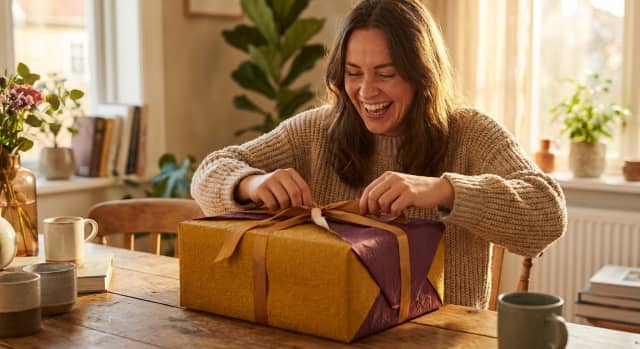 Idées de cadeau anniversaire maman présentées sur une table : bijou gravé, bouquet de fleurs et coffret bien-être
