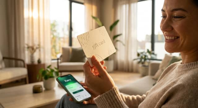 Carte cadeau Zara physique et digitale posées sur une surface neutre, illustrant les deux formats disponibles à l'achat.