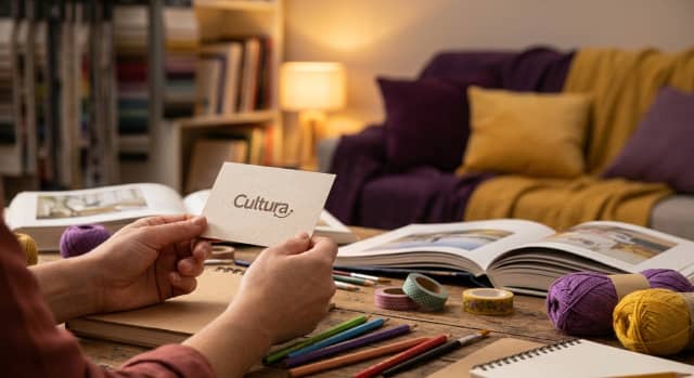 Carte cadeau Cultura présentée avec des livres et du matériel créatif pour illustrer son achat et son utilisation.