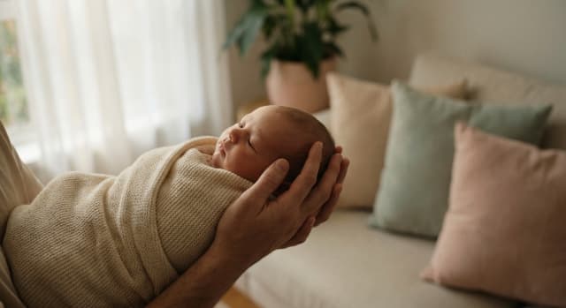 Illustration conceptuelle de la naissance : arrivée d'un enfant et démarches administratives associées en France.