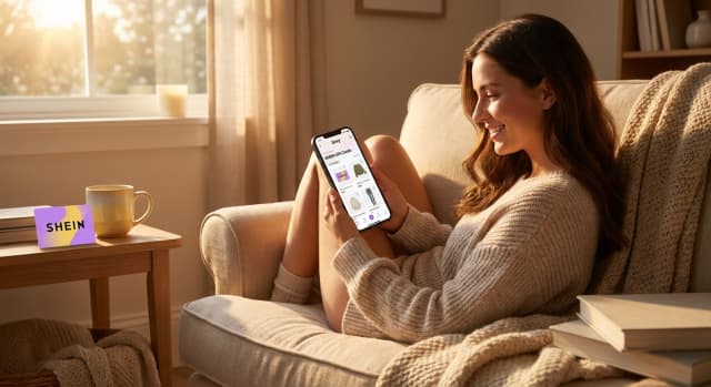 Carte cadeau SHEIN électronique affichée sur un écran de smartphone, illustrant le guide d'achat et d'utilisation.