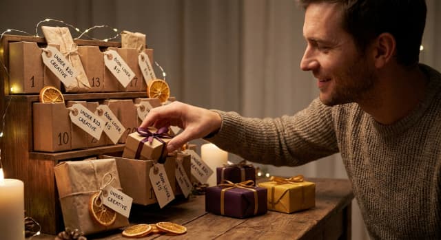 Calendrier de l'Avent pour homme avec des idées cadeaux variées, classées par budget et personnalité.