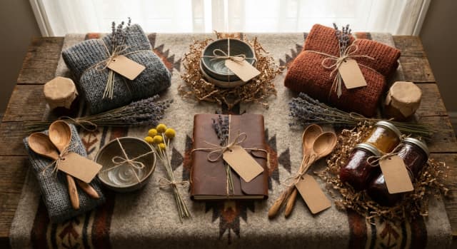 Sélection de cadeaux faits main personnalisés : marque-page, bouquet en papier, pot décoré et bijou en perles.