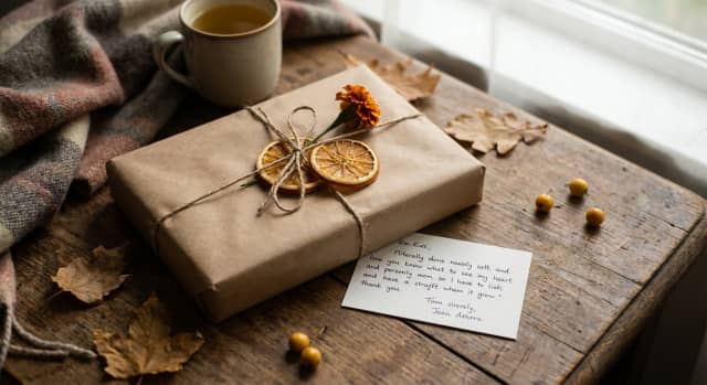 Illustration d'un cadeau emballé avec un ruban et une étiquette, représentant les meilleures idées de cadeaux à 50 €.