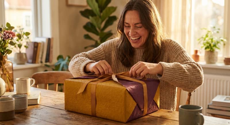 Idées de cadeau anniversaire maman présentées sur une table avec des objets personnalisés, un bouquet de fleurs et une boîte cadeau.