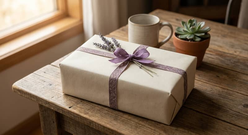 Coffret cadeau emballé avec soin, prêt à offrir, sur fond neutre pour illustrer le guide d'achat.