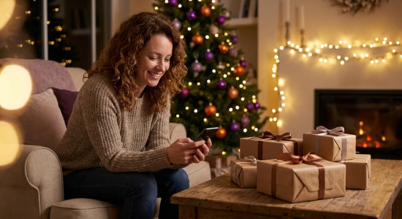 Homme ouvrant un cadeau de Noël entouré de paquets, illustrant le guide pour choisir le cadeau homme Noël parfait.