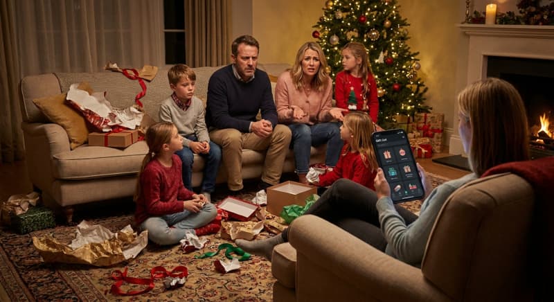 Affiche du film Les Cadeaux avec les acteurs réunis autour d'une table de Noël.