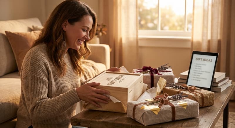 Idée cadeau maman : une mère souriante découvrant un cadeau personnalisé dans un salon chaleureux.