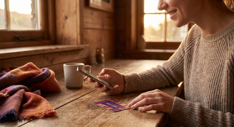 Carte cadeau illicado physique posée à côté d'un smartphone affichant la consultation du solde