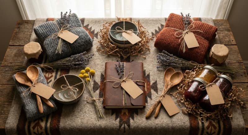 Sélection de cadeaux faits main personnalisés : marque-page, bouquet en papier, pot décoré et bijou en perles.