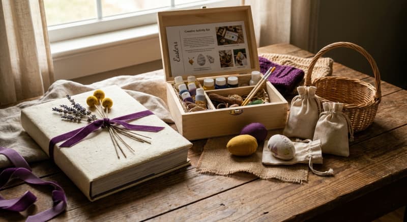 Sélection de cadeaux de Pâques : œufs décorés, lapin en peluche et panier garni.